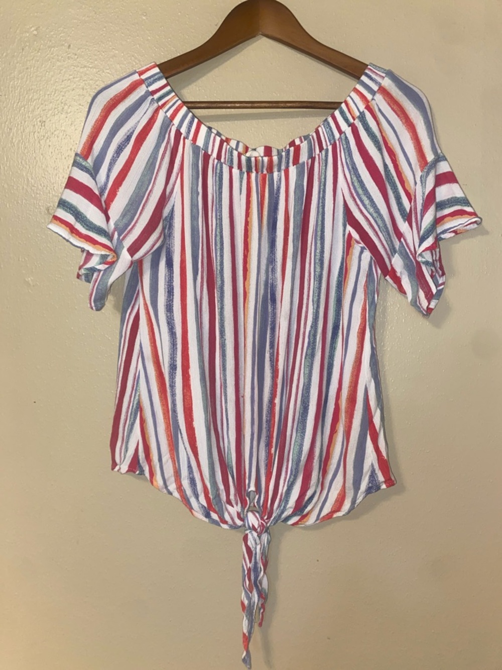 Red White Blue Striped Tie-Front Blouse off the shoulder style